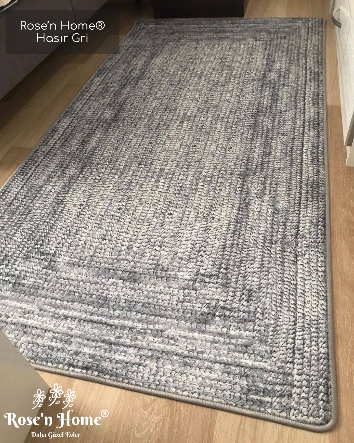 HASIR GRİ - Kaymaz Deri Taban Makinede Yıkanabilir Salon Oturma Odası Mutfak Halısı