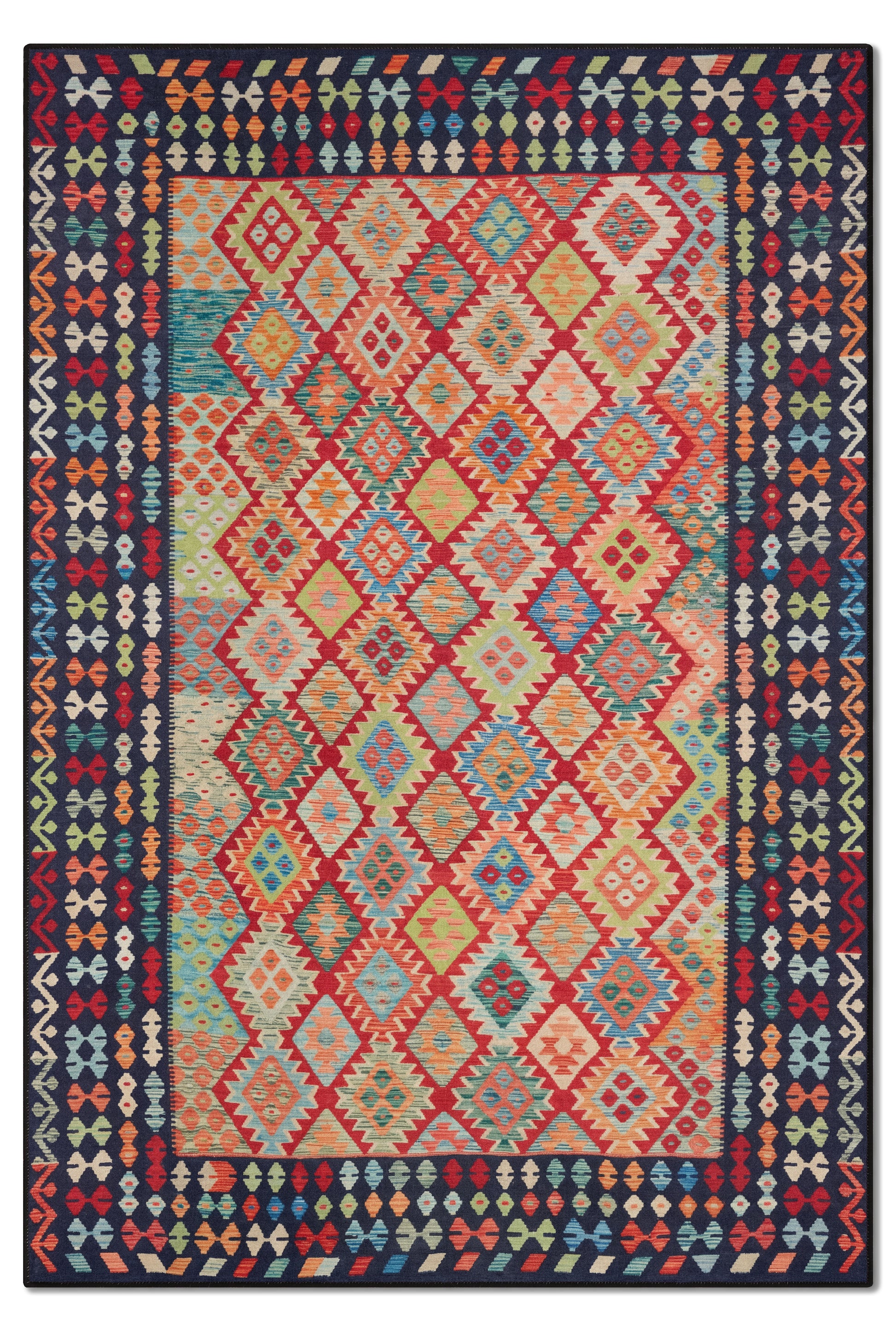 yıkanabilir kaymaz taban şönil dokuma halı 80x150 lacivert kırmızı renkli