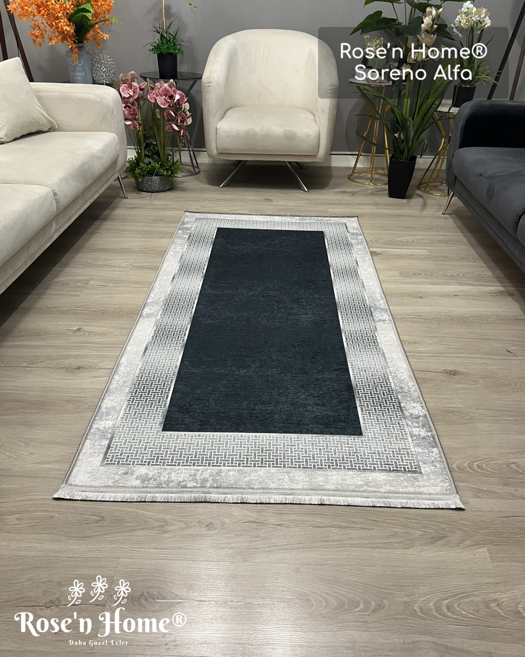 SORENO ALFA - Kaymaz Deri Taban Makinede Yıkanabilir Salon Oturma Odası Mutfak Halısı