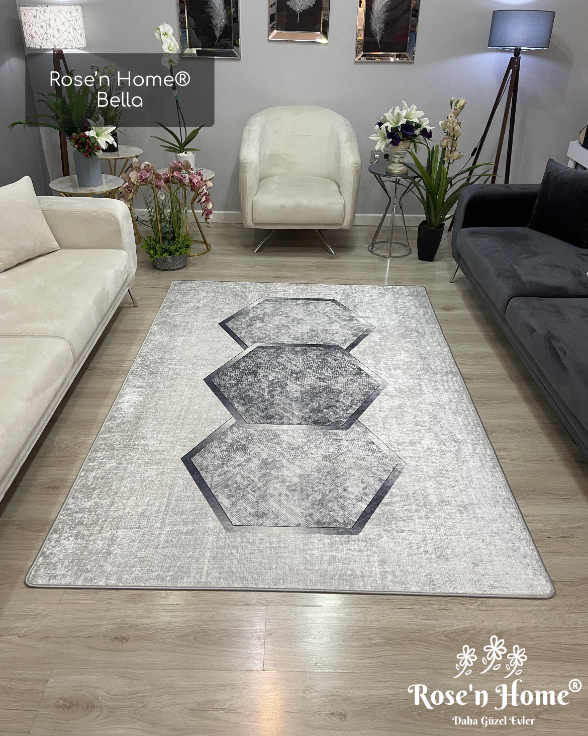 BELLA - Kaymaz Deri Taban Makinede Yıkanabilir Salon Oturma Odası Mutfak Halısı