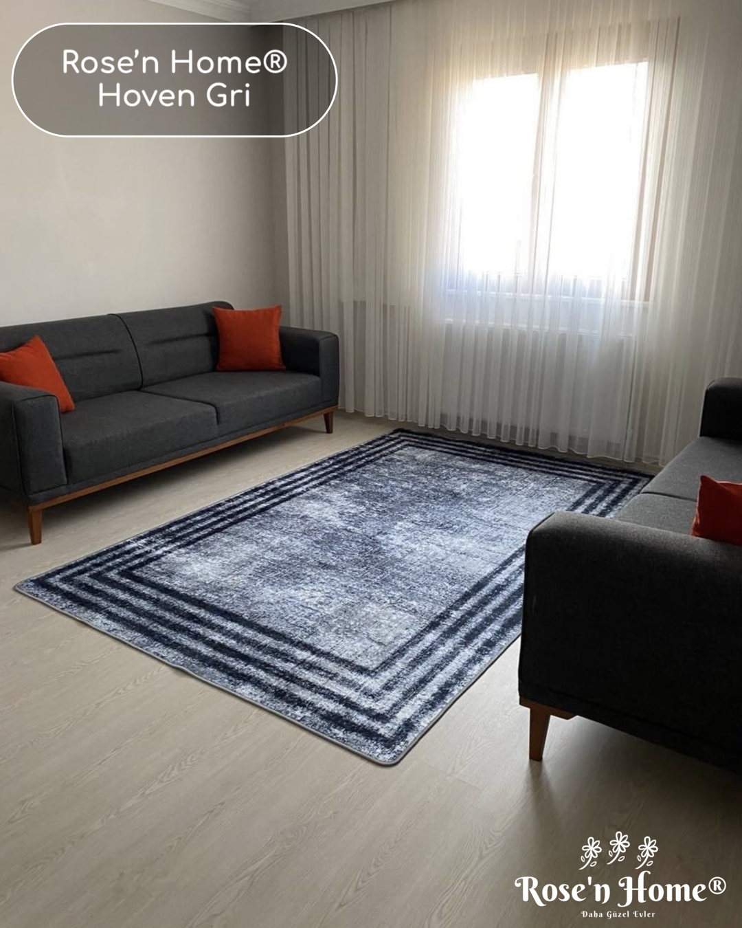 HOVEN GRİ SİYAH - Kaymaz Deri Taban Makinede Yıkanabilir Salon Oturma Odası Mutfak Halısı