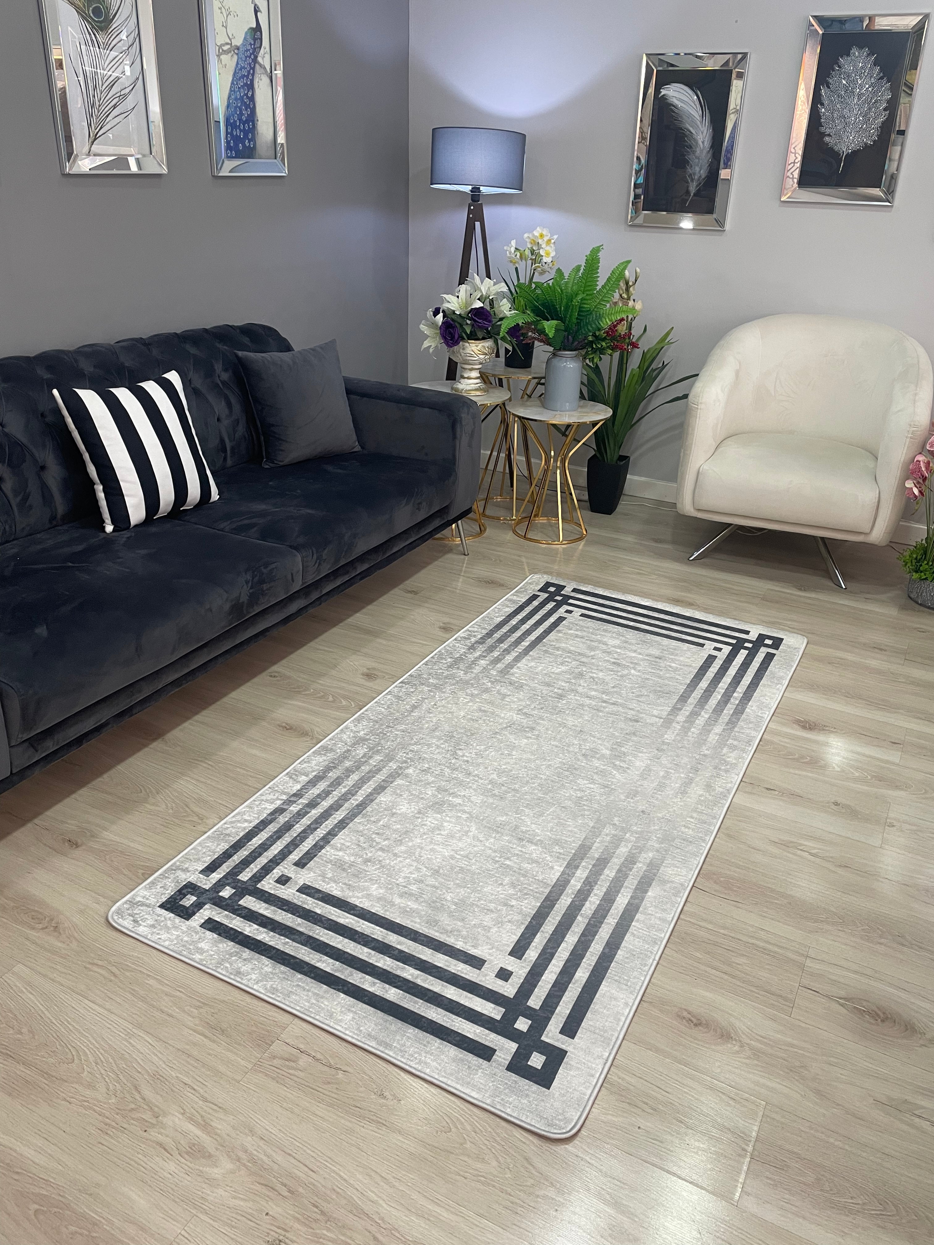 ZÜHRE LİNE GRİ - Kaymaz Deri Taban Makinede Yıkanabilir Salon Oturma Odası Mutfak Halısı