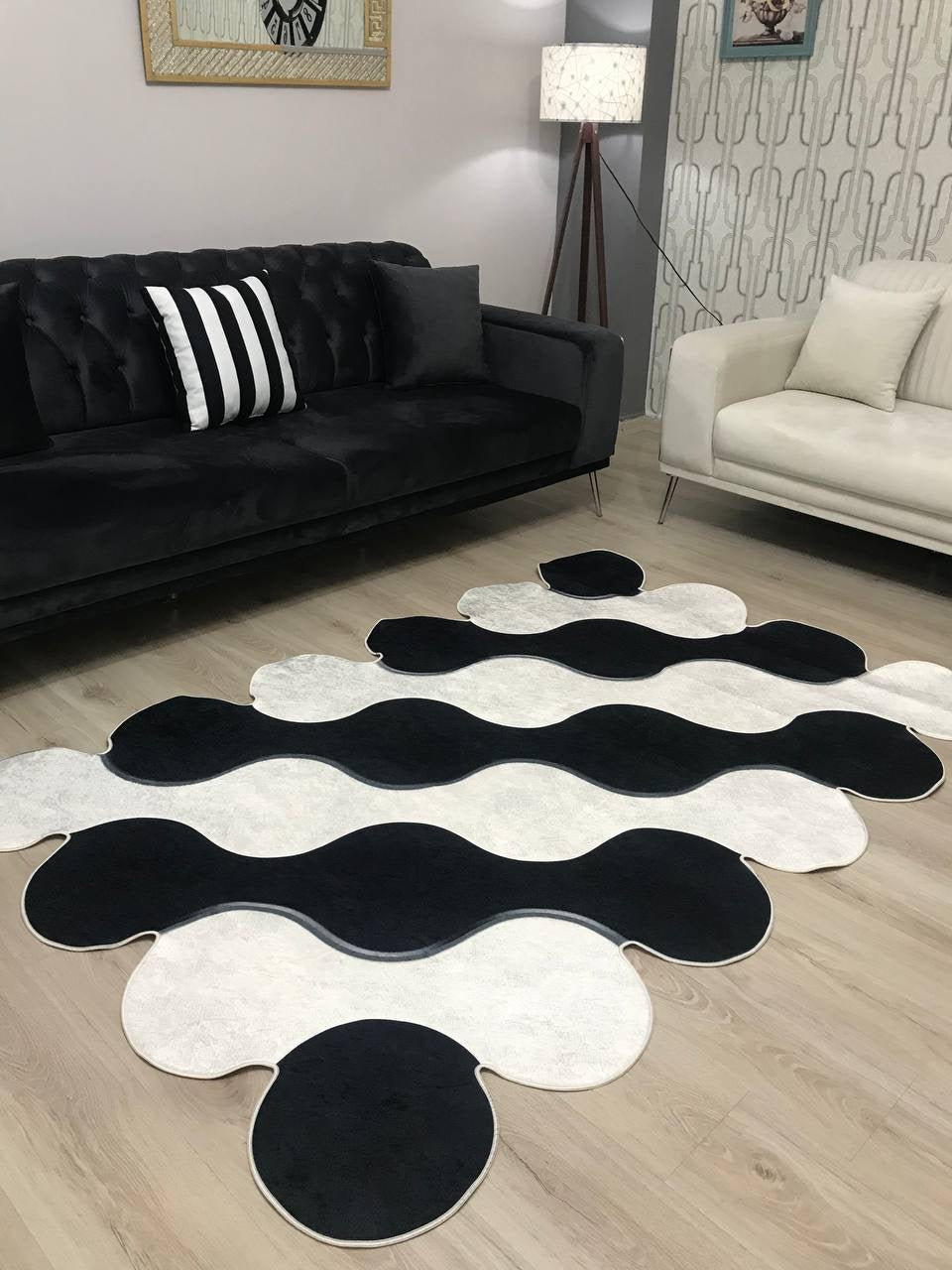 FORM SİYAH BEYAZ - Kaymaz Deri Taban Makinede Yıkanabilir Salon Oturma Odası Mutfak Halısı