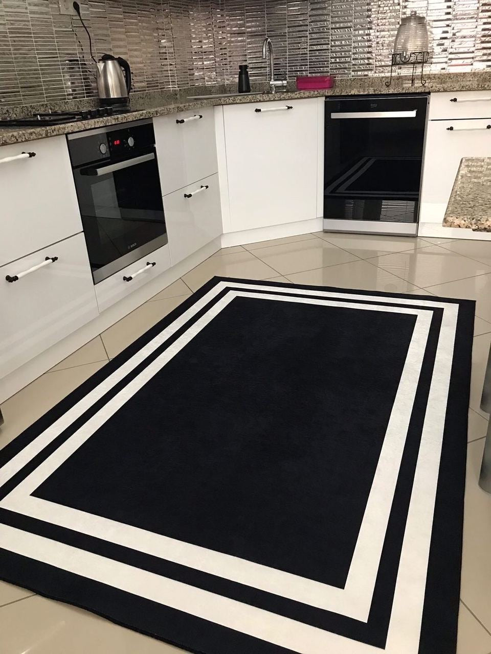 FRAME SİYAH - Kaymaz Deri Taban Makinede Yıkanabilir Salon Oturma Odası Mutfak Halısı