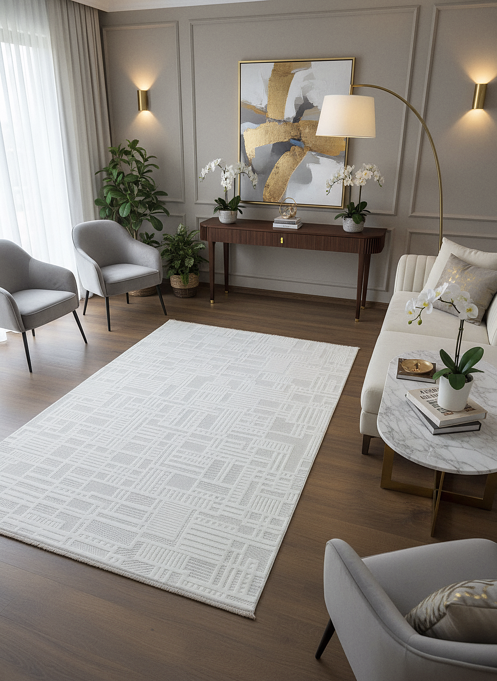 MYRA 448 Krem Geometrik Desenli Modern Salon Mutfak Koridor Balkon Halısı