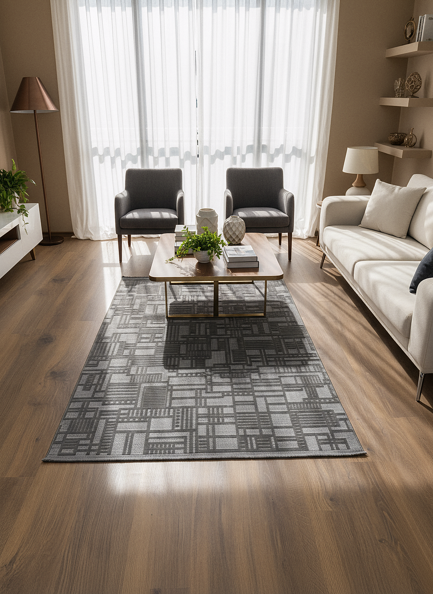 MYRA 448 Antrasit Geometrik Desenli Modern Salon Mutfak Koridor Balkon Halısı