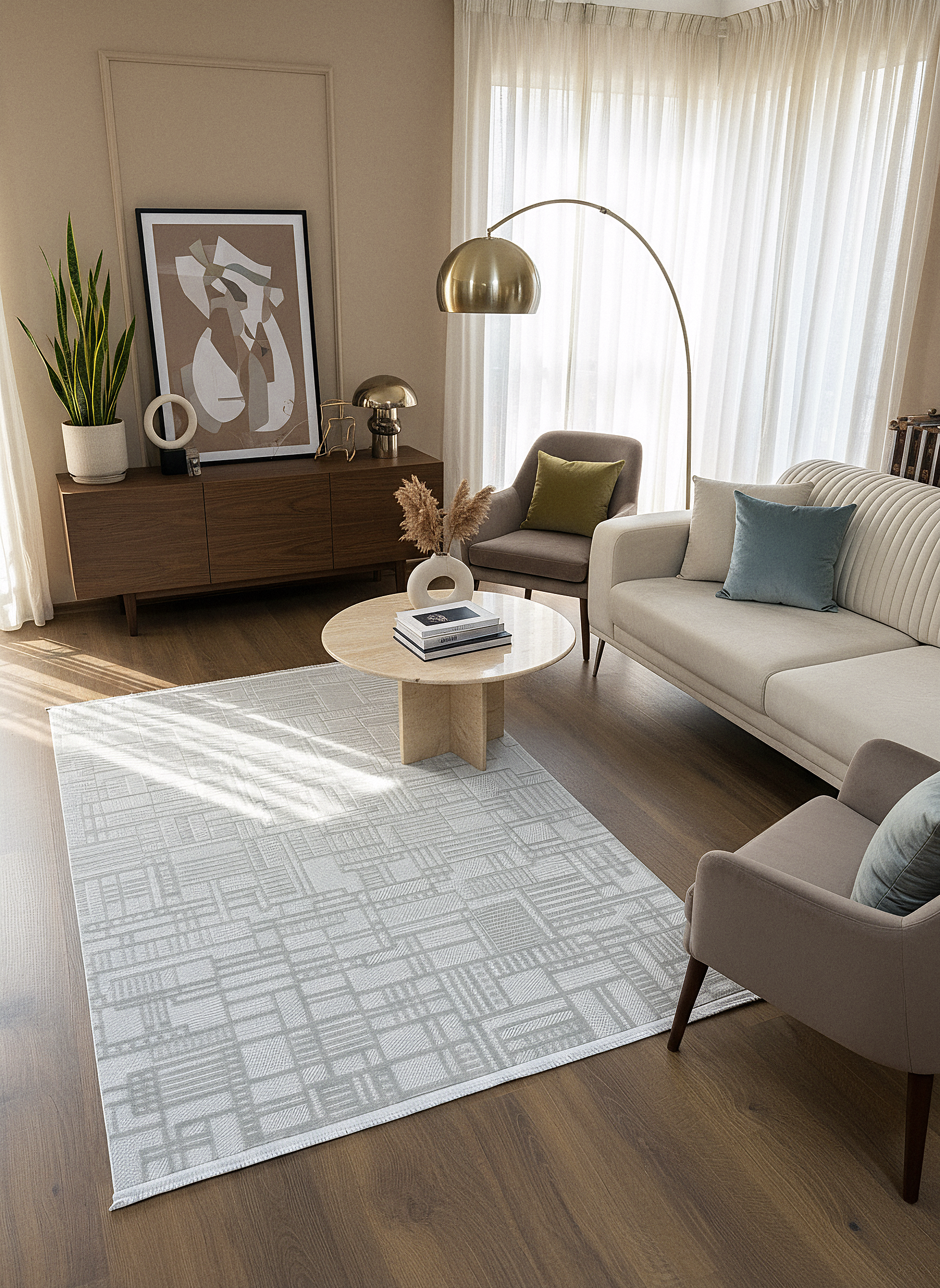 MYRA 448 Gri Geometrik Desenli Modern Salon Mutfak Koridor Balkon Halısı