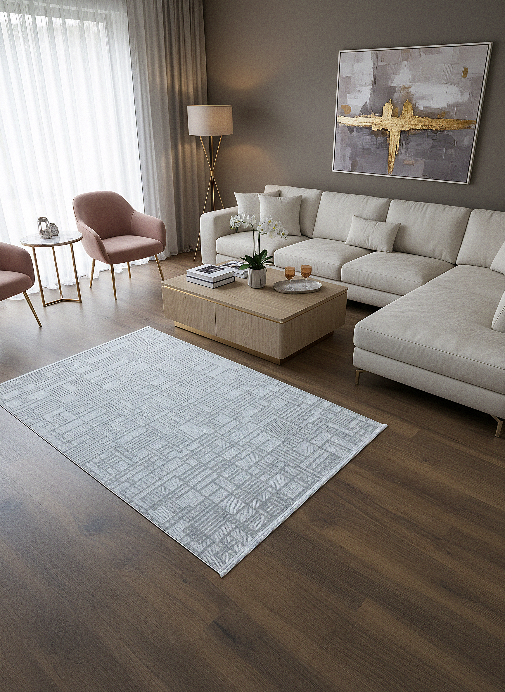 MYRA 448 Gri Geometrik Desenli Modern Salon Mutfak Koridor Balkon Halısı