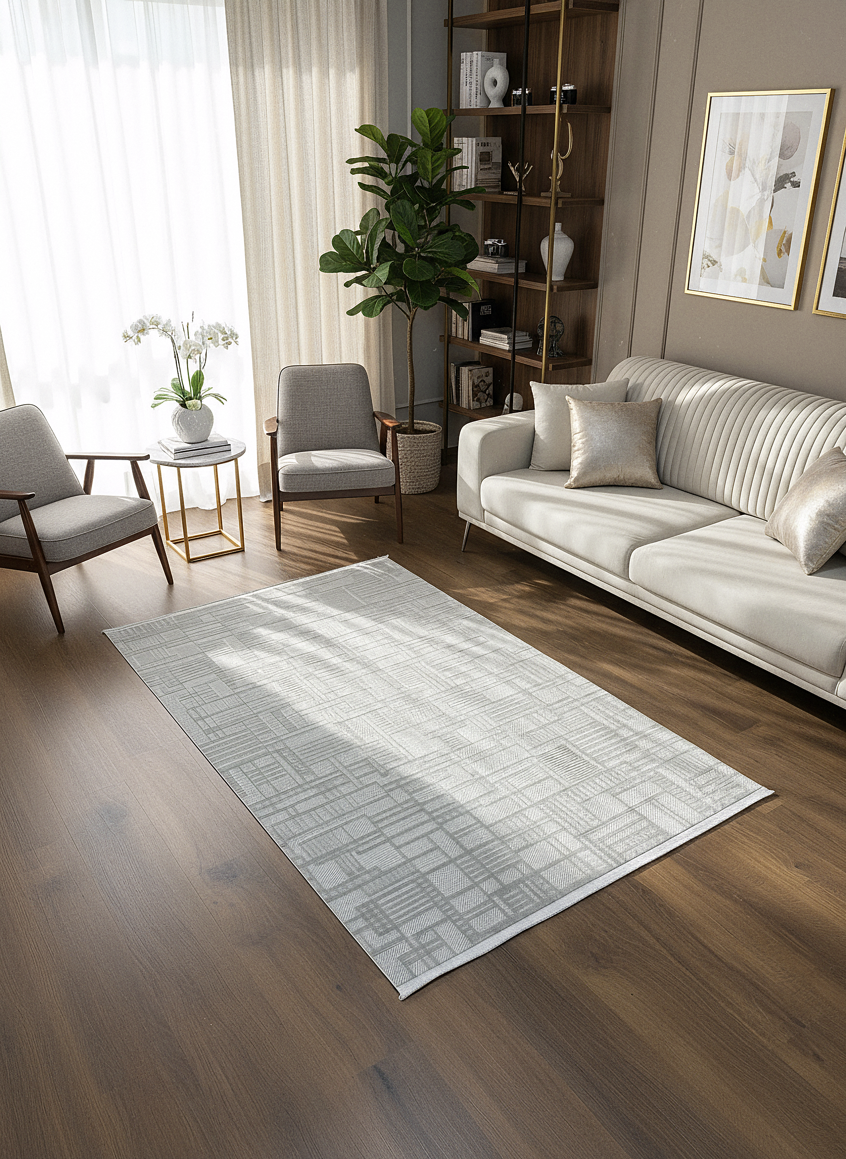 MYRA 448 Gri Geometrik Desenli Modern Salon Mutfak Koridor Balkon Halısı