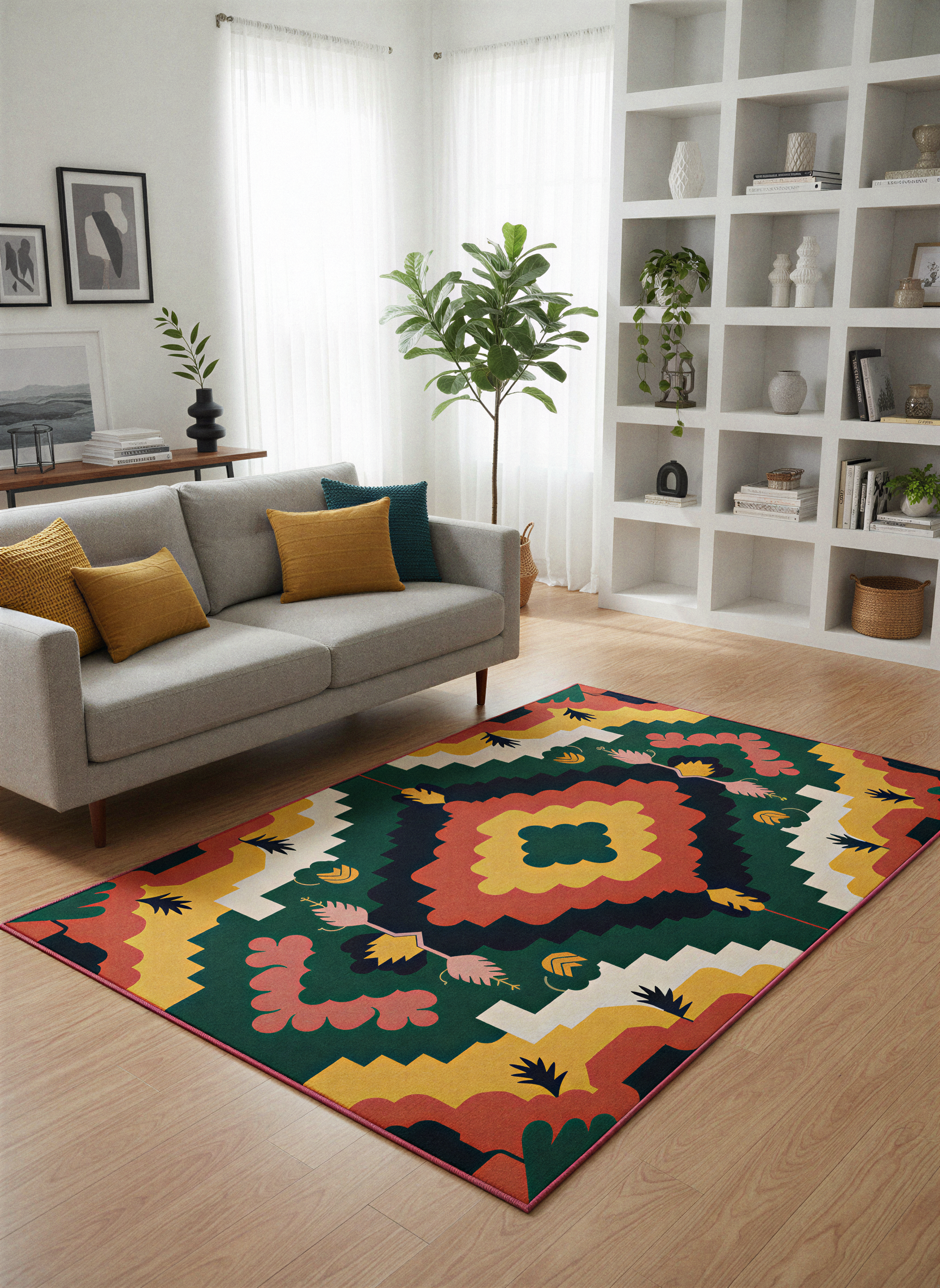 Arte HD033 Çiçek Figürlü Renkli Geometrik Desenli Dekoratif Dokuma Halı