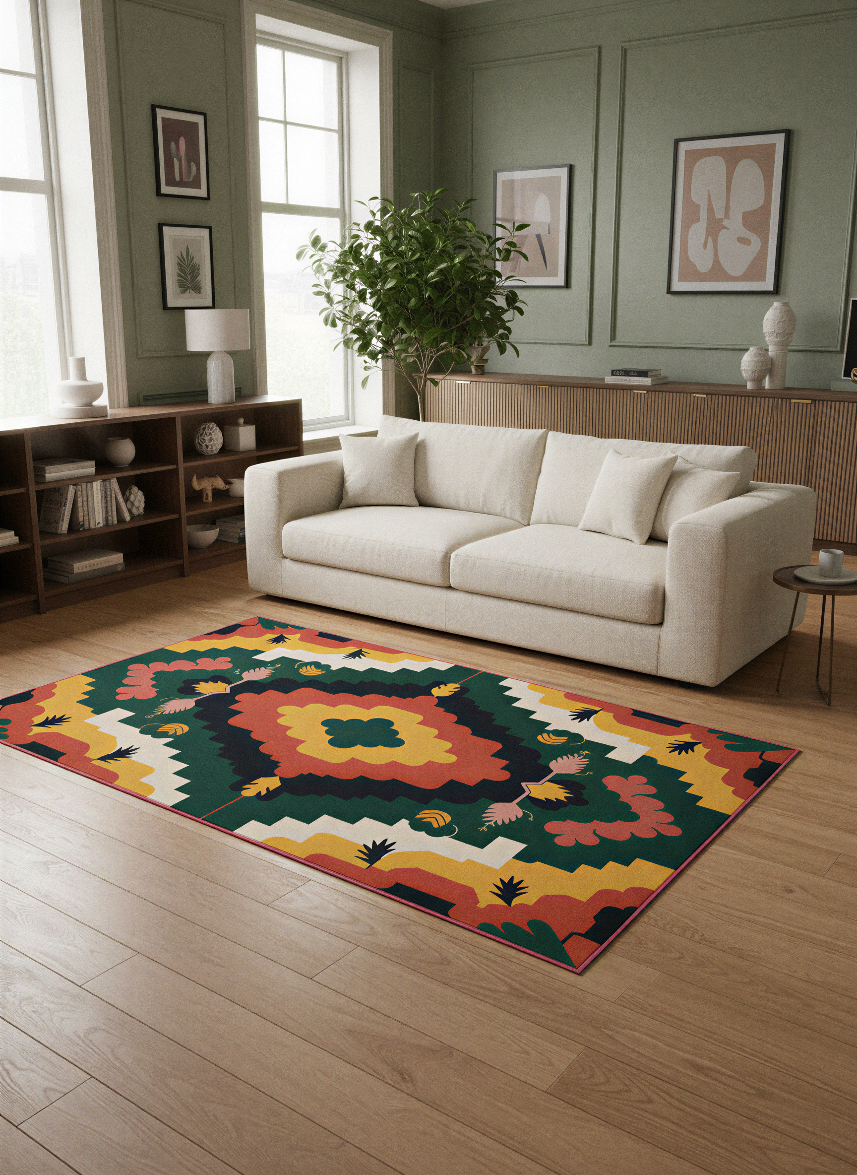 Arte HD033 Çiçek Figürlü Renkli Geometrik Desenli Dekoratif Dokuma Halı