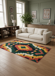 Arte HD033 Çiçek Figürlü Renkli Geometrik Desenli Dekoratif Dokuma Halı