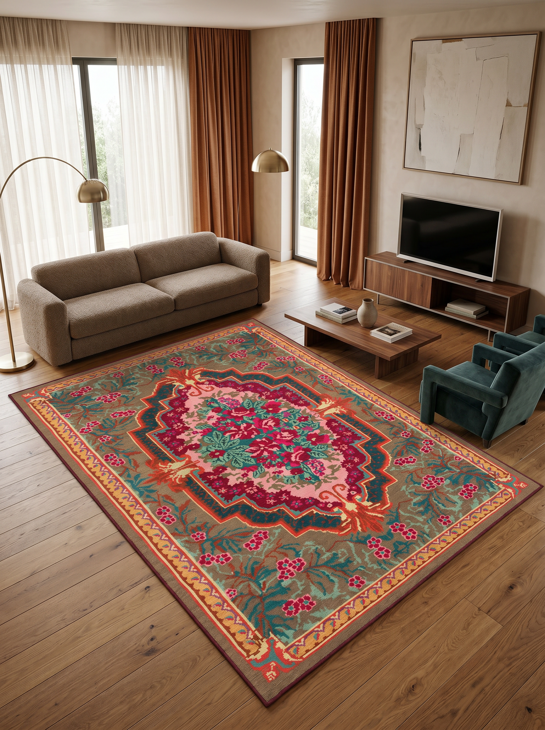 yıkanabilir kaymaz taban şönil dokuma halı 200x290 (6 m²) kahverengi; turuncu; renkli