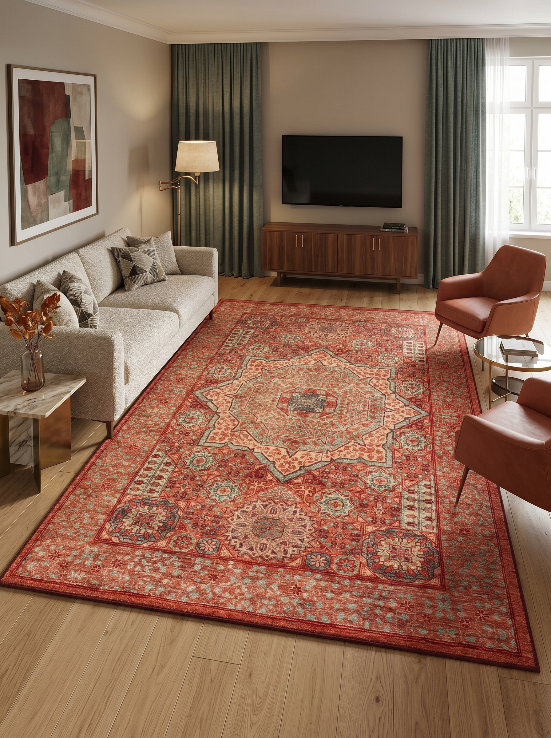 yıkanabilir kaymaz taban şönil dokuma halı 200x290 (6 m²) kirmizi; turuncu; renkli