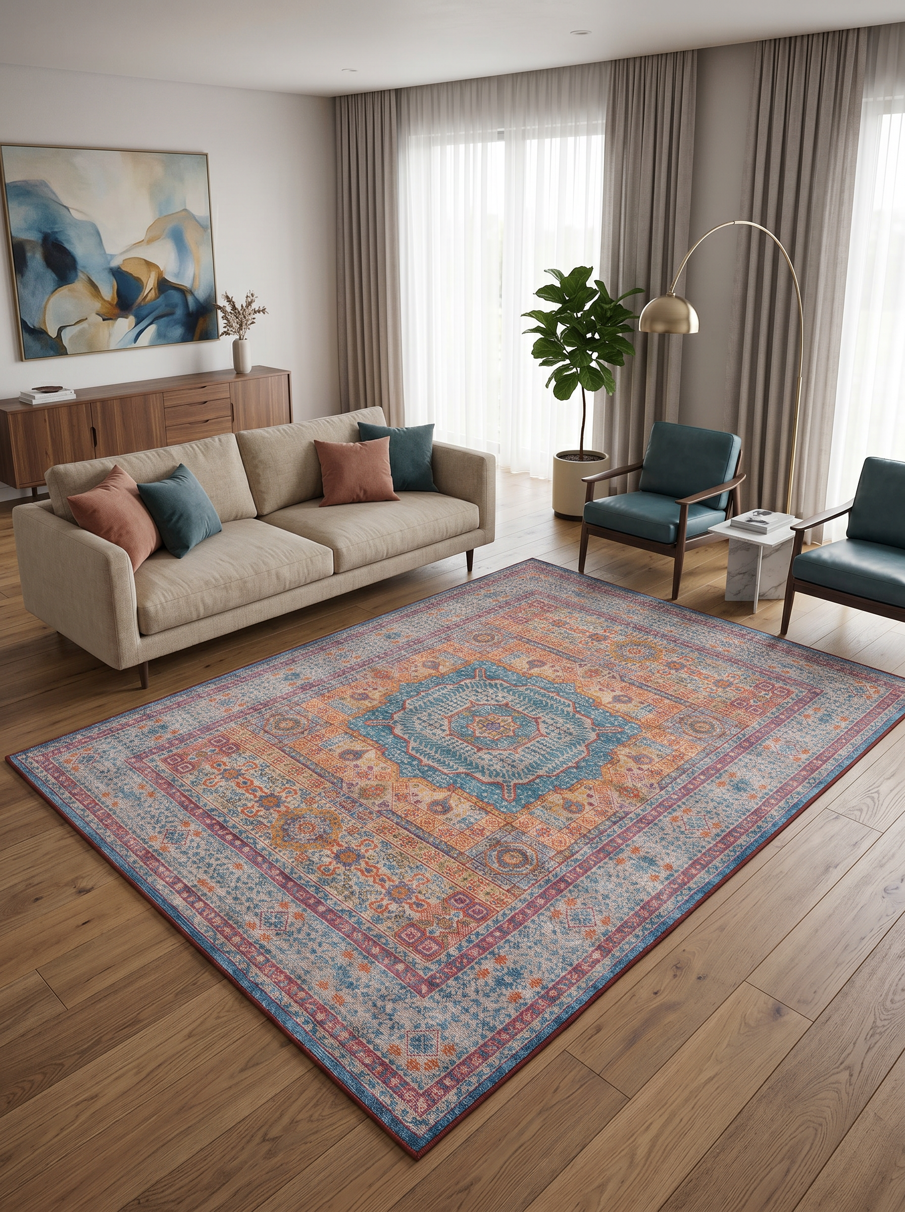 yıkanabilir kaymaz taban şönil dokuma halı 80x100 turuncu; mavi; renkli