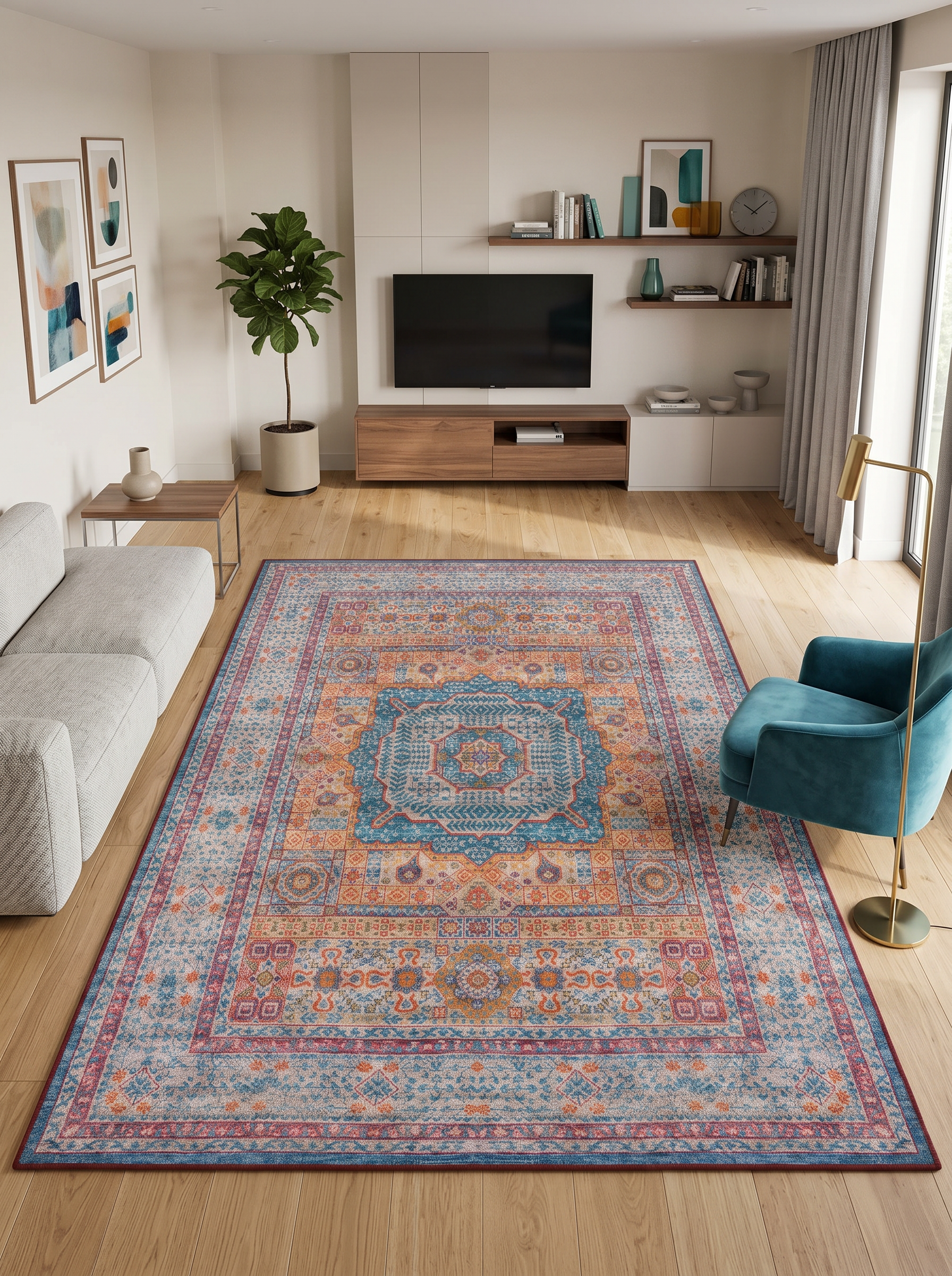 yıkanabilir kaymaz taban şönil dokuma halı 200x250 (5 m²) turuncu; mavi; renkli