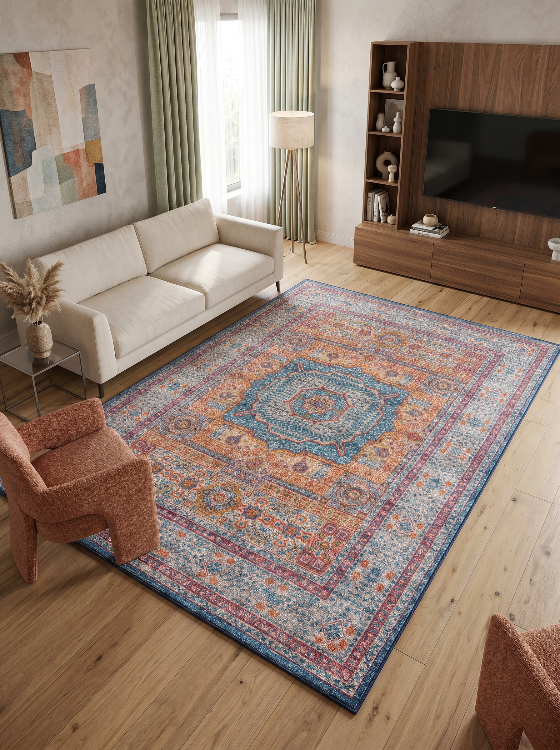 yıkanabilir kaymaz taban şönil dokuma halı 200x290 (6 m²) turuncu; mavi; renkli