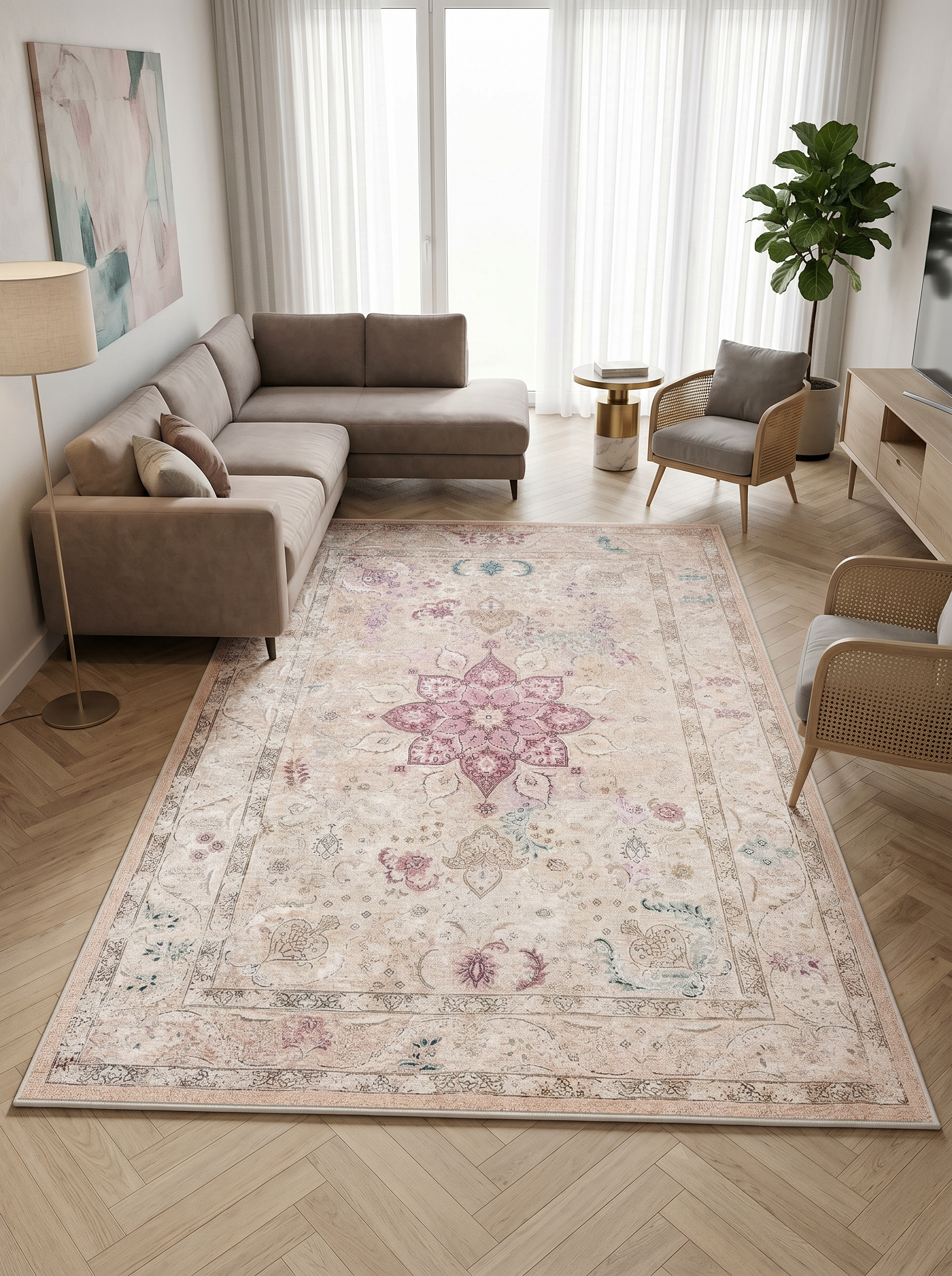 yıkanabilir kaymaz taban şönil dokuma halı 80x100 bej; gul-kurusu