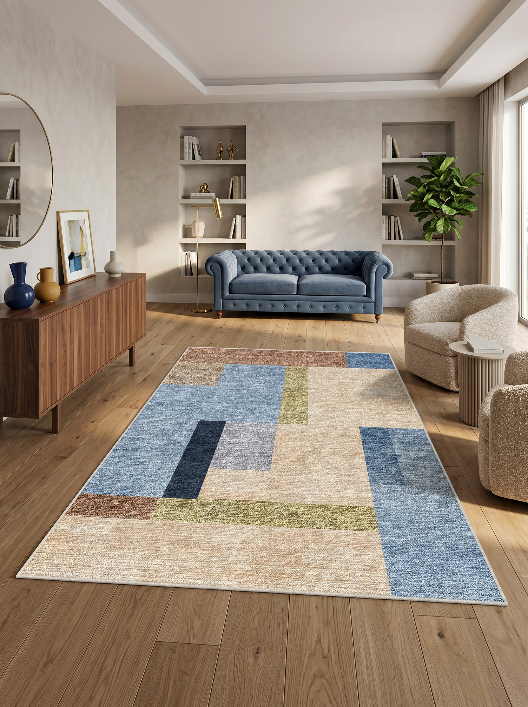 yıkanabilir kaymaz taban şönil dokuma halı 120x180 mavi; bej; renkli