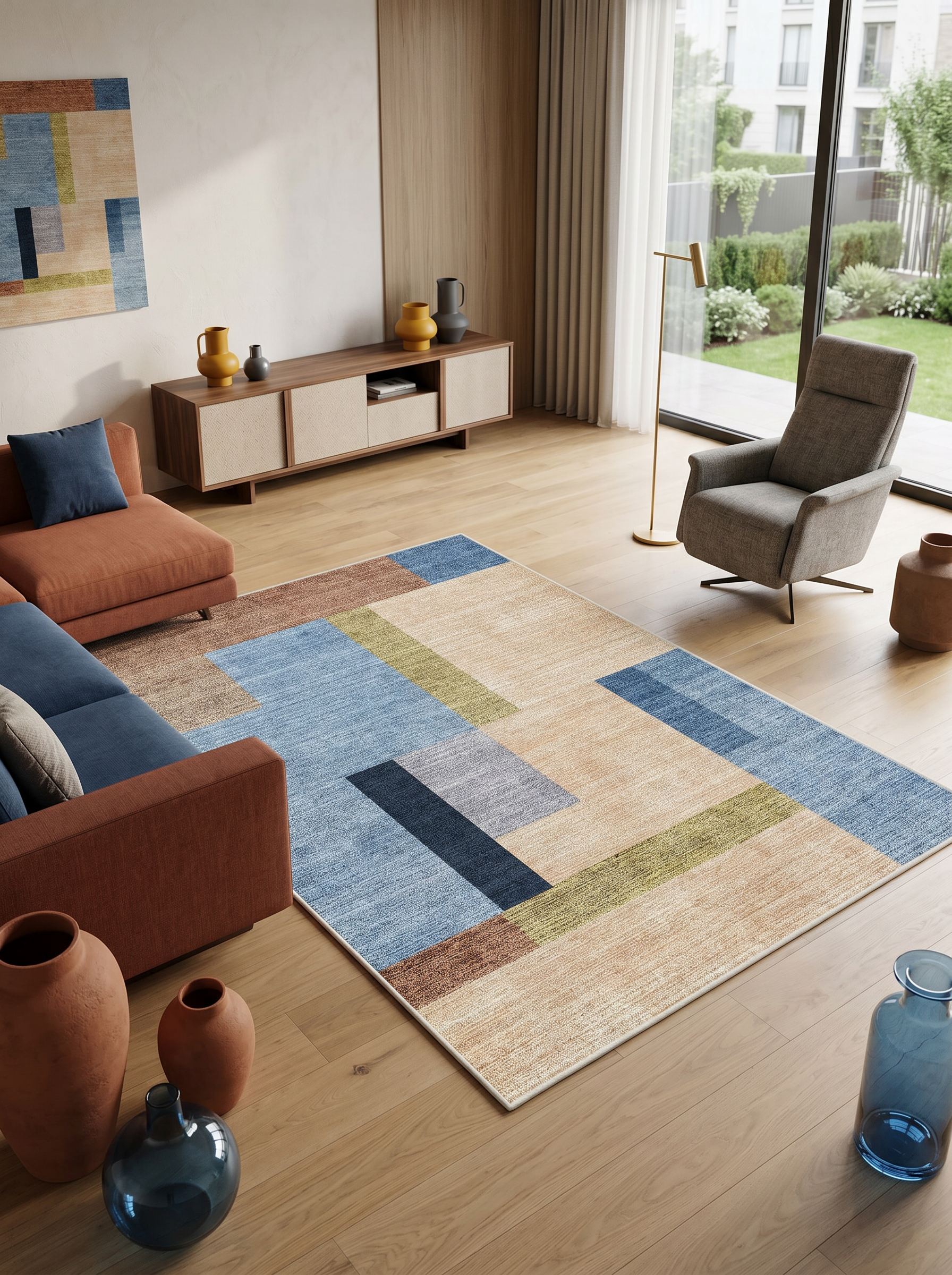 yıkanabilir kaymaz taban şönil dokuma halı 160x230 (4 m²) mavi; bej; renkli