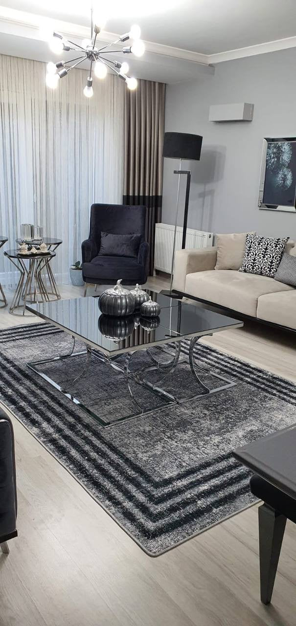 HOVEN GRİ SİYAH - Kaymaz Deri Taban Makinede Yıkanabilir Salon Oturma Odası Mutfak Halısı