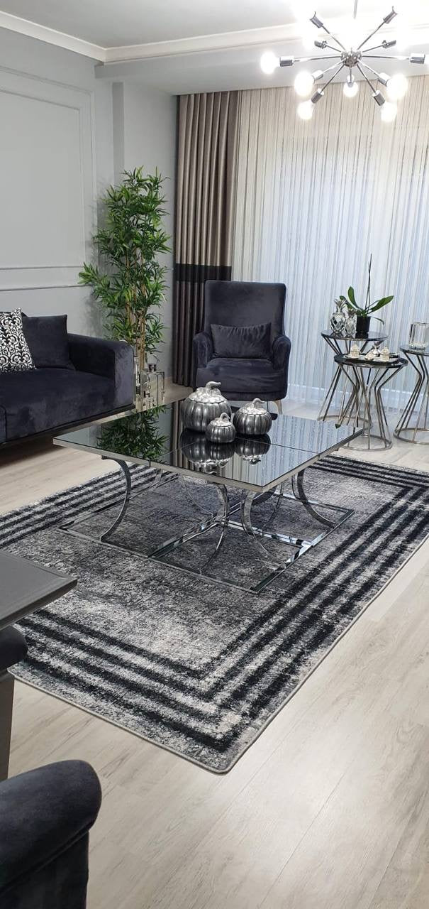 HOVEN GRİ SİYAH - Kaymaz Deri Taban Makinede Yıkanabilir Salon Oturma Odası Mutfak Halısı