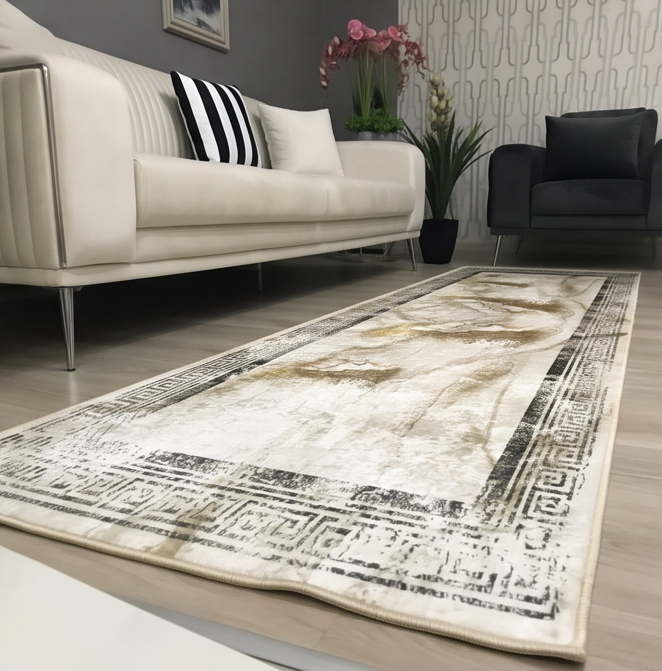 CHAİN MARBLE GOLD - Kaymaz Deri Taban Makinede Yıkanabilir Salon Oturma Odası Mutfak Halısı