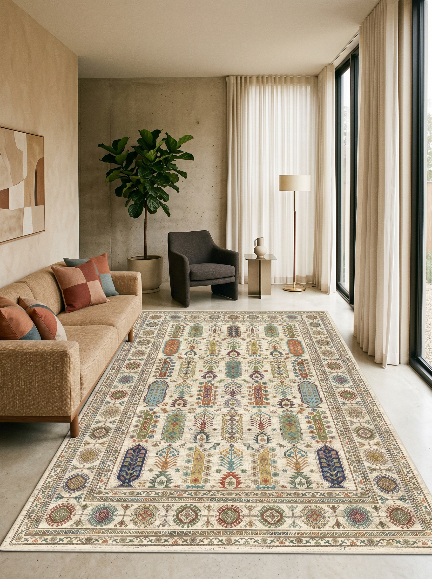 yıkanabilir kaymaz taban şönil dokuma halı 160x230 (4 m²) krem; renkli