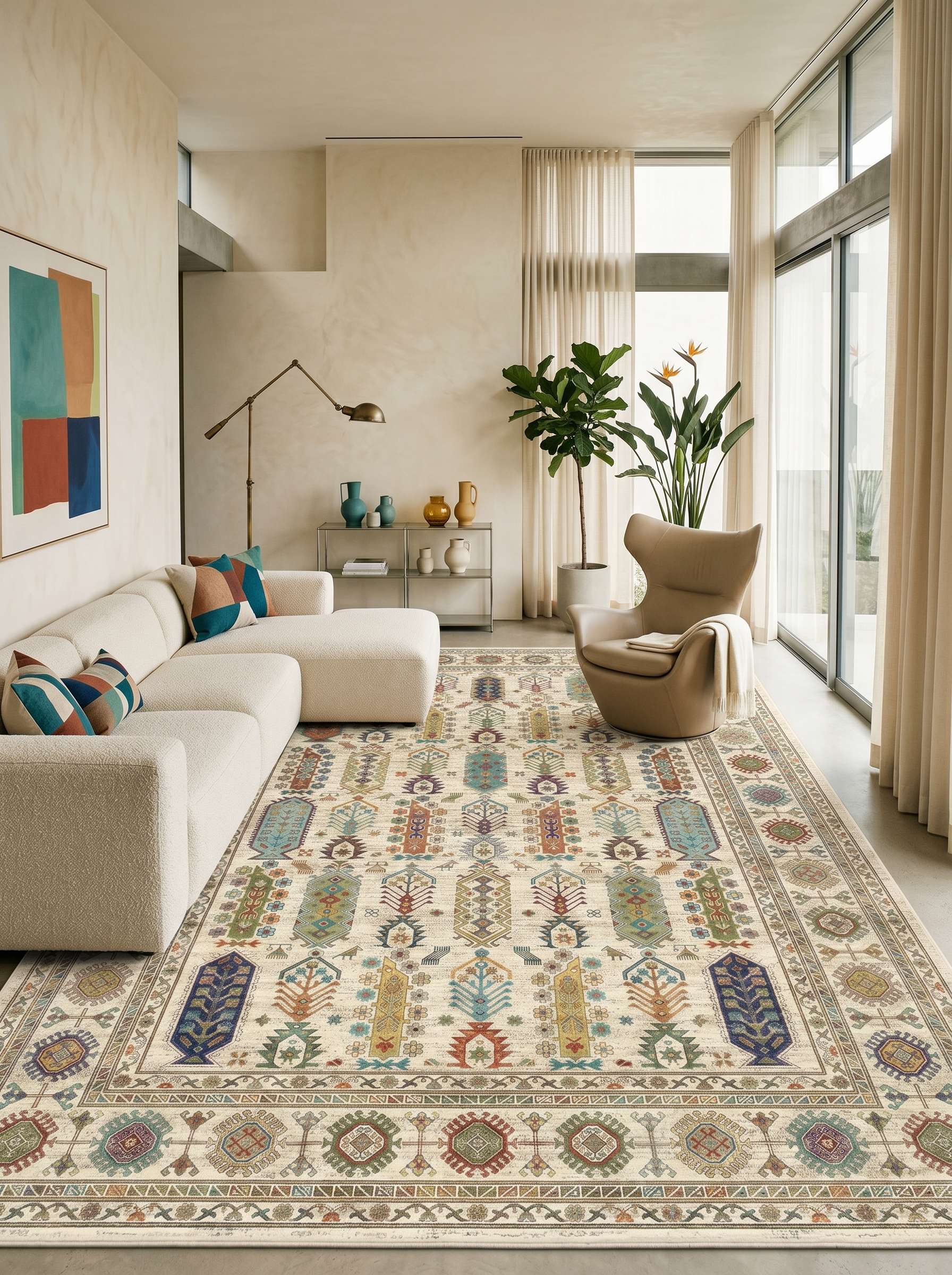 yıkanabilir kaymaz taban şönil dokuma halı 200x290 (6 m²) krem; renkli