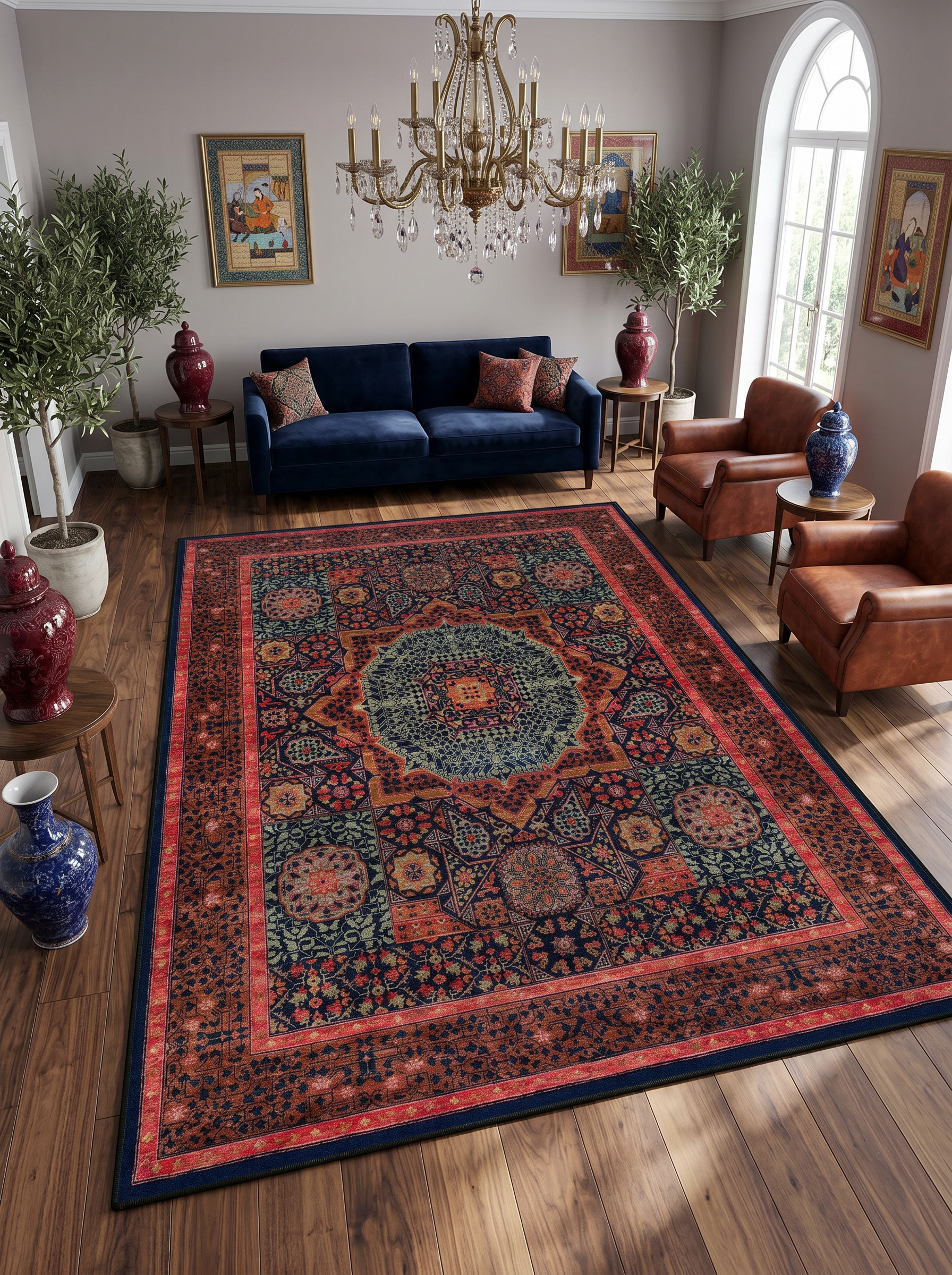 yıkanabilir kaymaz taban şönil dokuma halı 120x180 turuncu; yesil; renkli