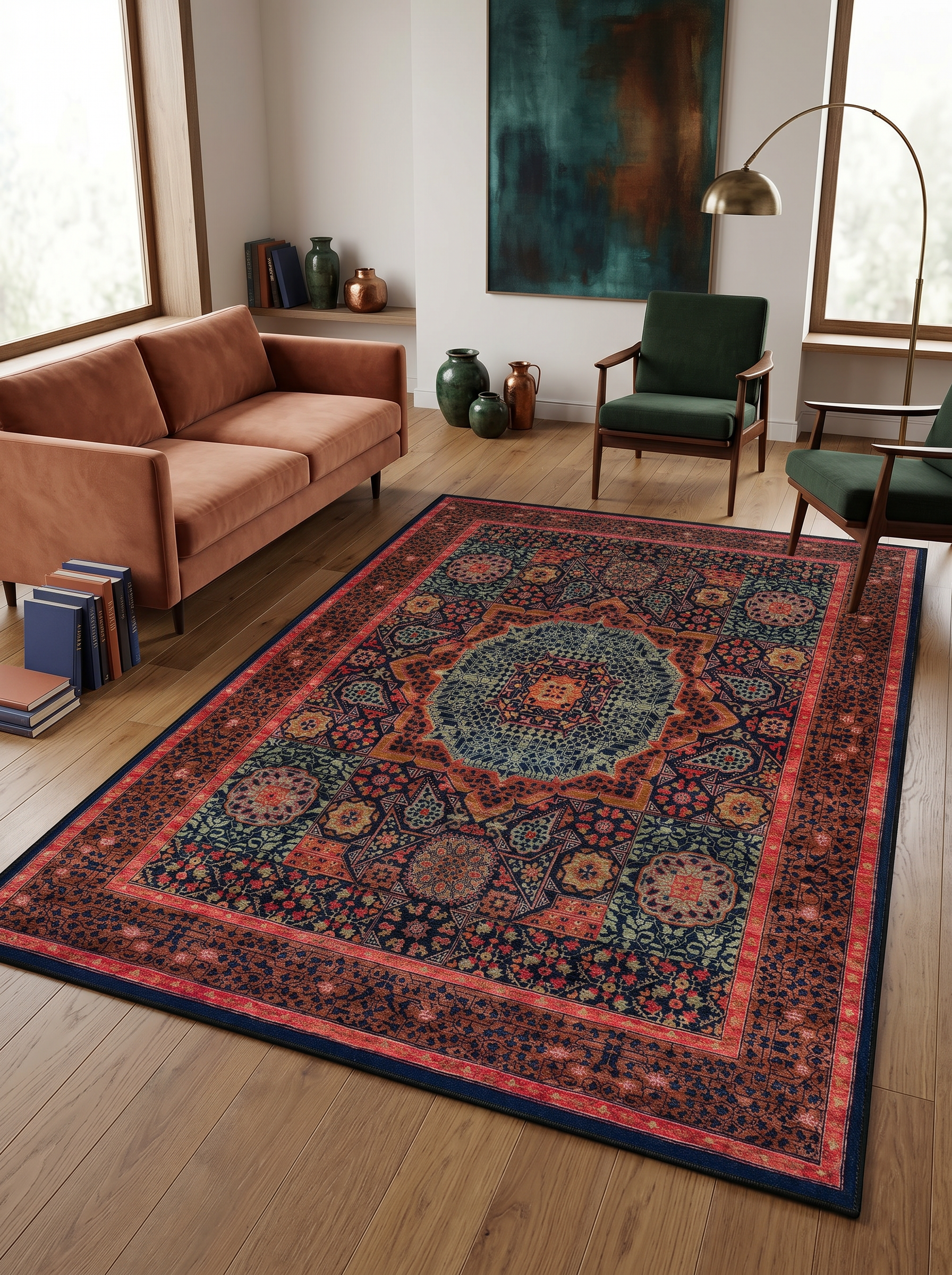 yıkanabilir kaymaz taban şönil dokuma halı 160x230 (4 m²) turuncu; yesil; renkli