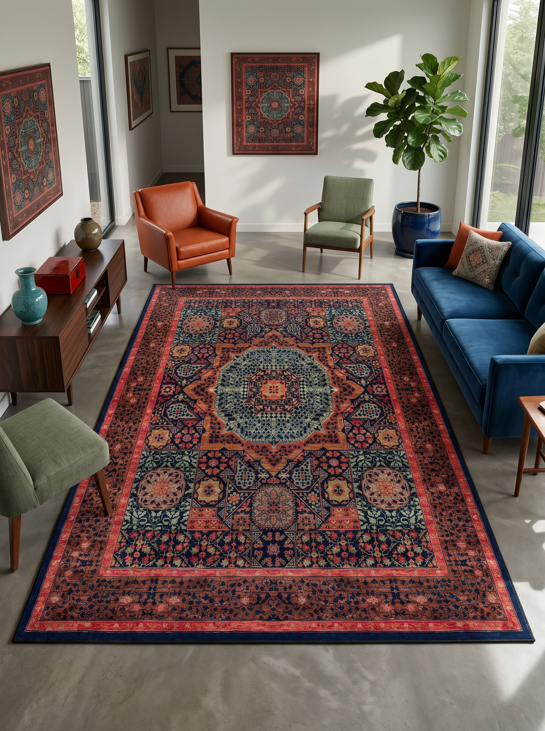 yıkanabilir kaymaz taban şönil dokuma halı 200x250 (5 m²) turuncu; yesil; renkli