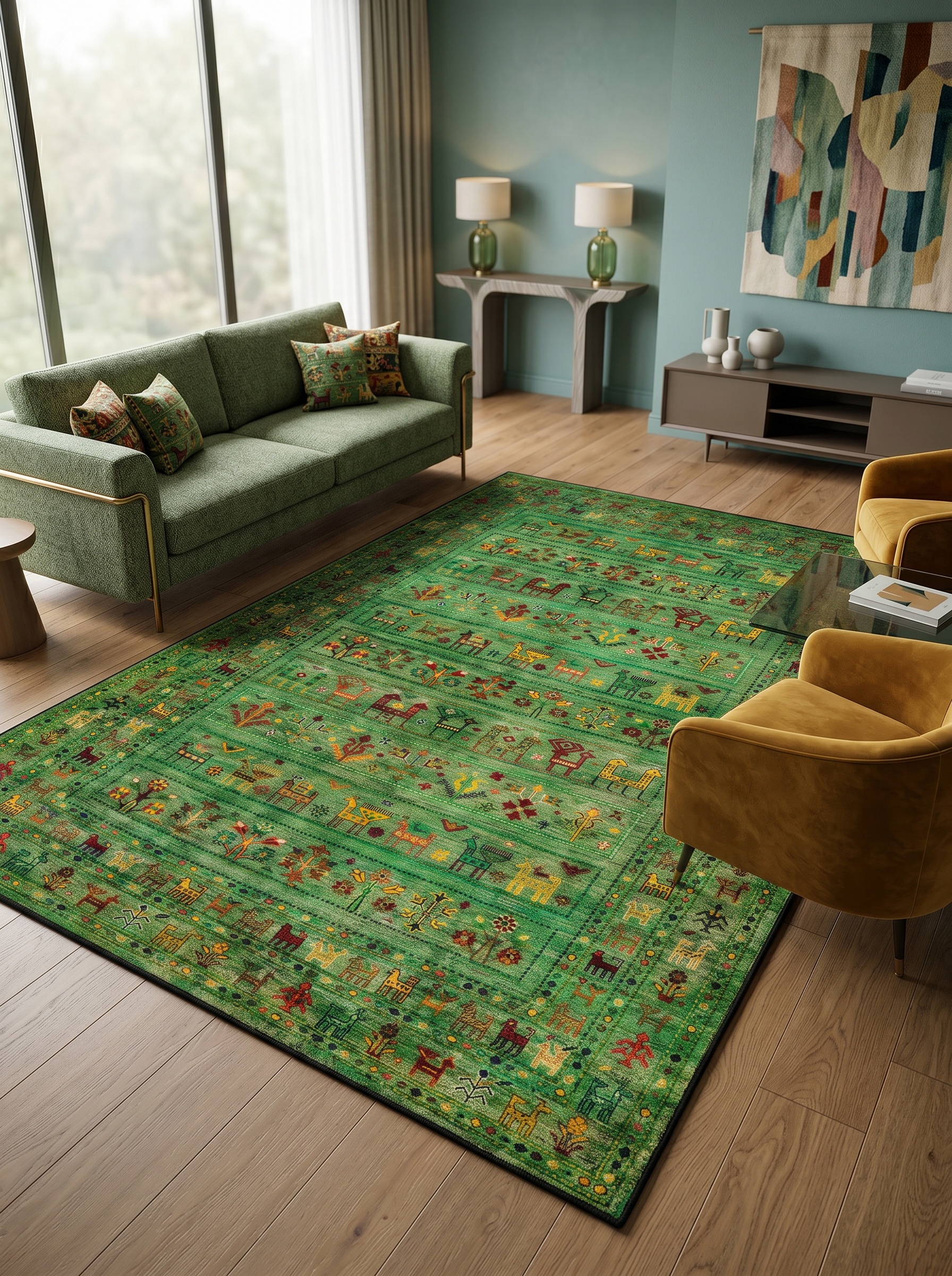 yıkanabilir kaymaz taban şönil dokuma halı 80x100 yesil; renkli
