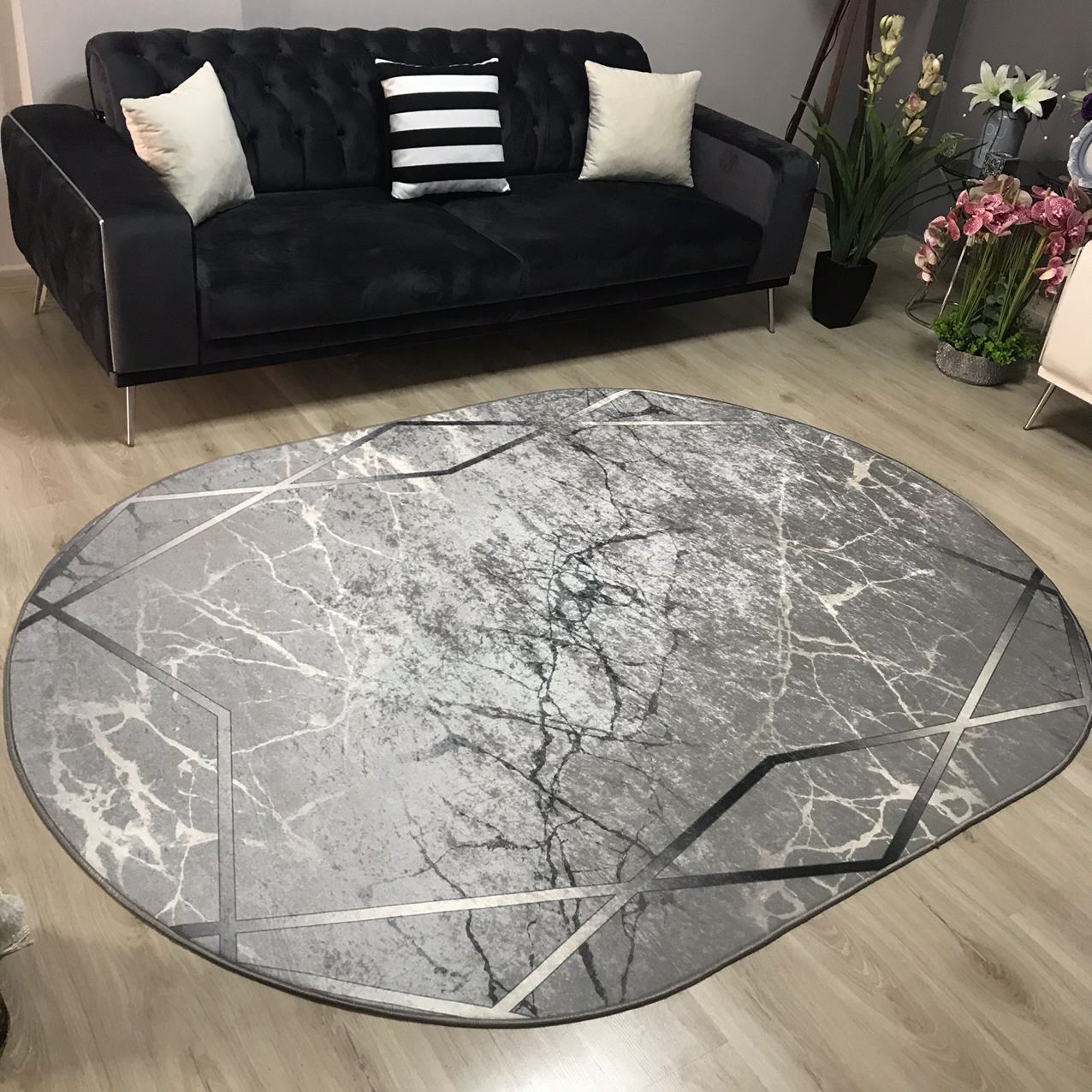 MERMER BRİLL GRİ - Kaymaz Deri Taban Makinede Yıkanabilir Salon Oturma Odası Mutfak Halısı