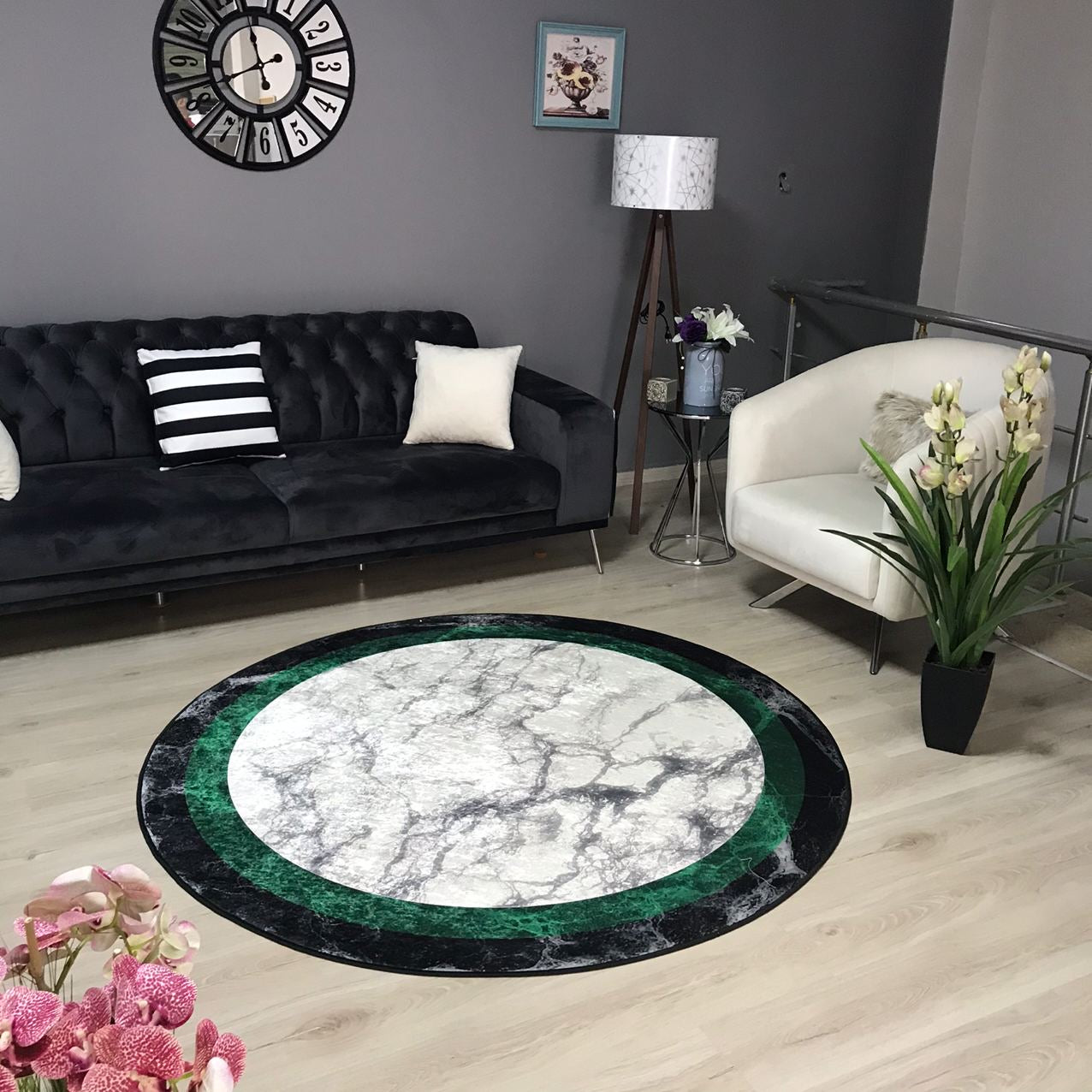 FRAME MERMER YEŞİL - Kaymaz Deri Taban Makinede Yıkanabilir Salon Oturma Odası Mutfak Halısı